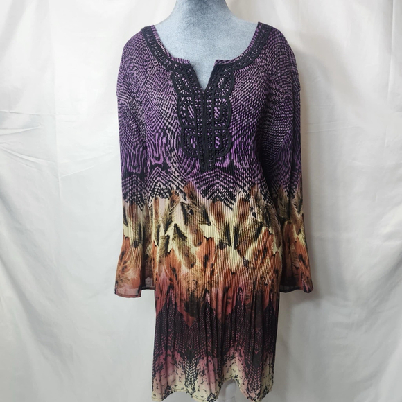 Catherines Women’s Crinkle Pleated Tunic Blouse 4X Bell 3/4 Sleeve Boho Sparkly - Picture 1 of 11